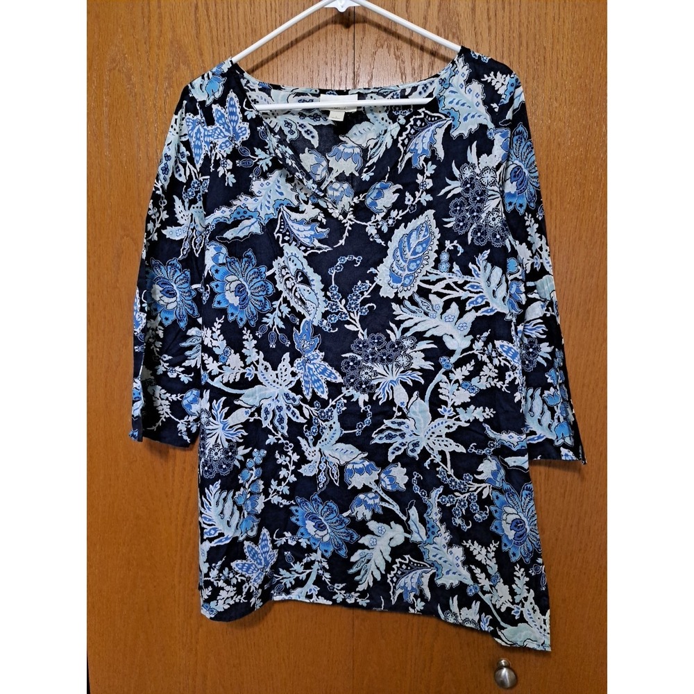Ann Taylor Loft Cotton 3/4 Sleeve Blue Floral Lightweight Tunic Blouse Top Large